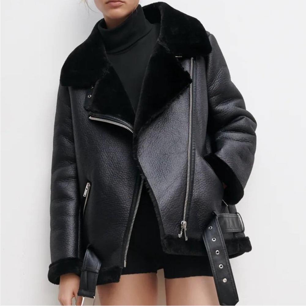 Zara Double-Faced Jacket Oversized Black Faux Suede Blogger Fave Moto Bomber XS